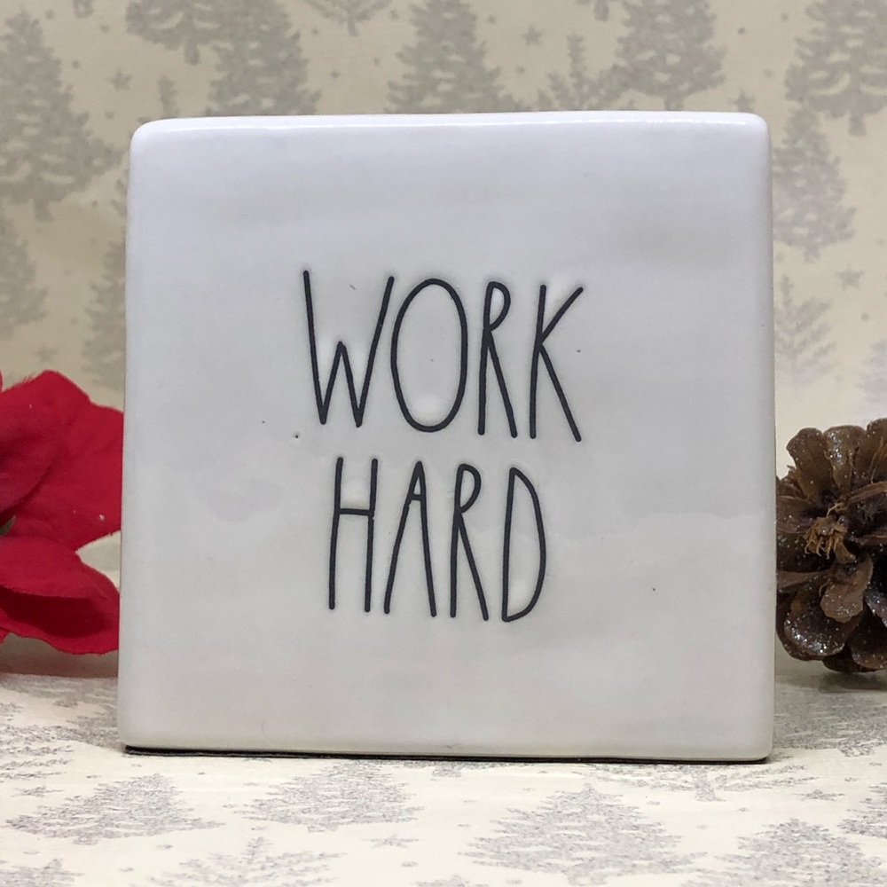 Rae Dunn paperweight/block “WORK HARD/PLAY HARD
